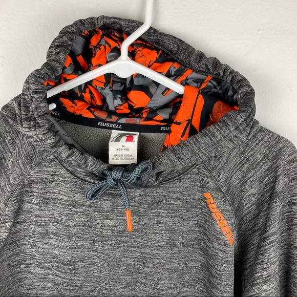 Russell Athletic Men’s Gray Hoodie Size M Fleece Lined Orange Camo Hood - Picture 2 of 15